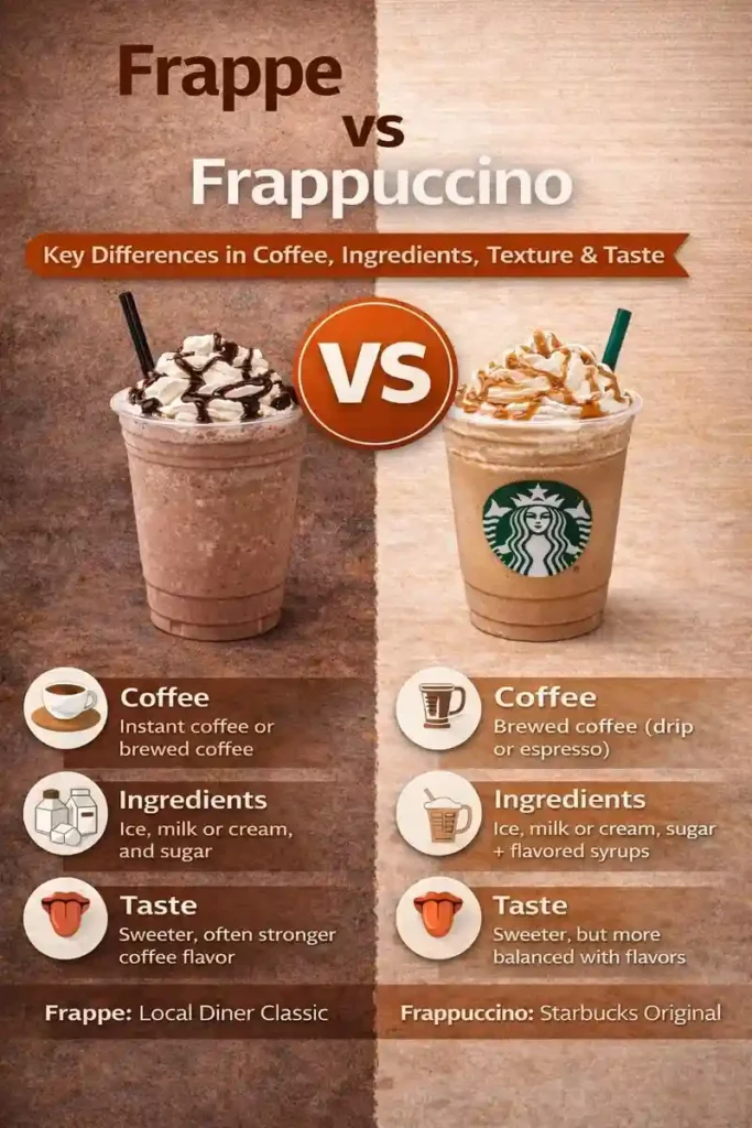 frappe vs Frappuccino: infographic comparison, ingredients, taste, calories, caffeine.