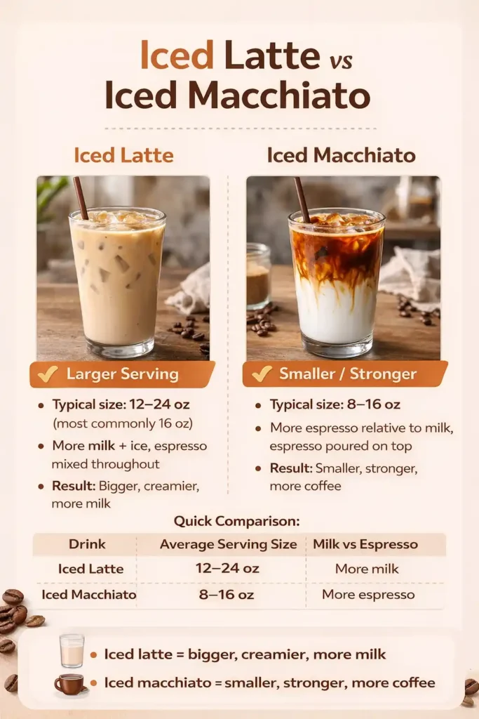 Iced latte vs iced macchiato: difference explained with the help of an infographic.