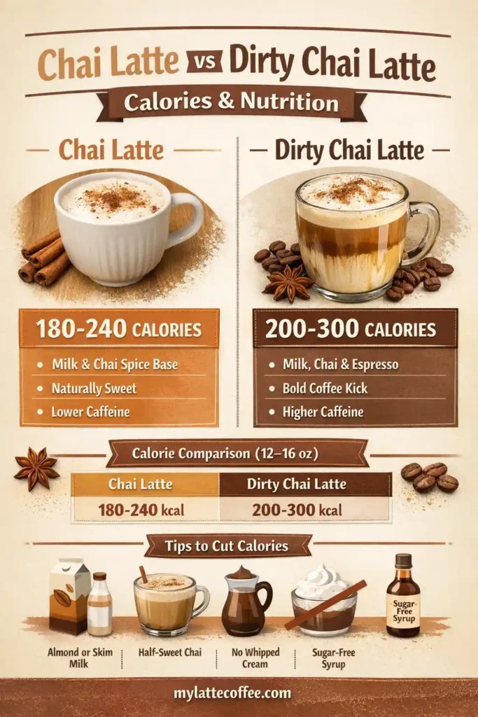 Dirty chai vs chai latte: infographic difference in ingredients, taste, calories, and caffeine.