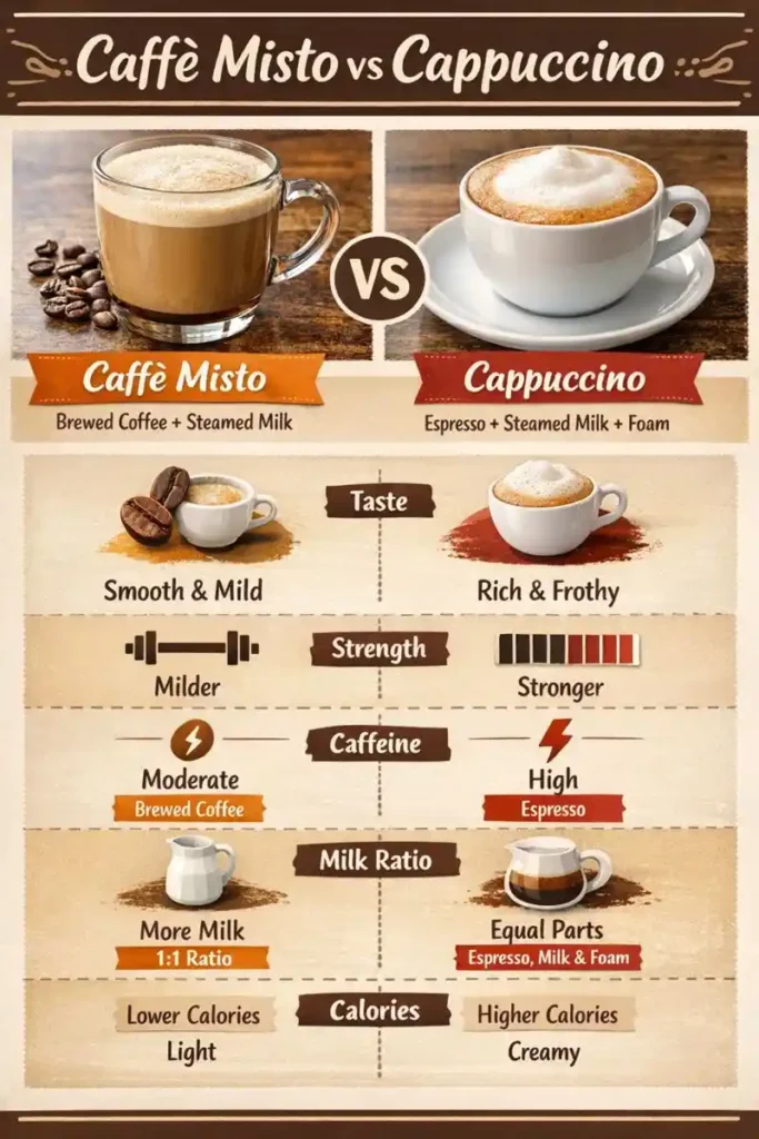 caffe misto vs cappuccino: caffeine, calories, taste infographic
