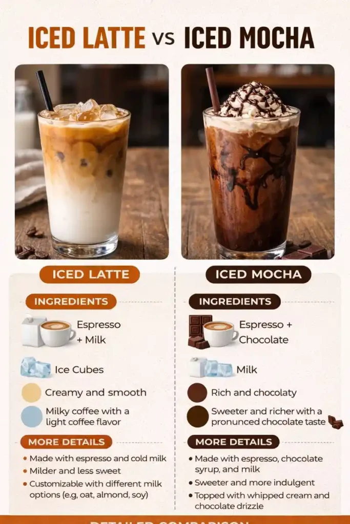 iced mocha vs iced latte: Infographic Comparing ingredients, taste, calories, and caffeine. 