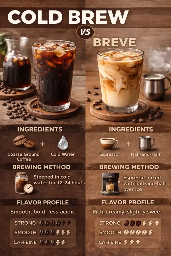 cold brew vs breve: caffeine, calories, brewing process, with infographic