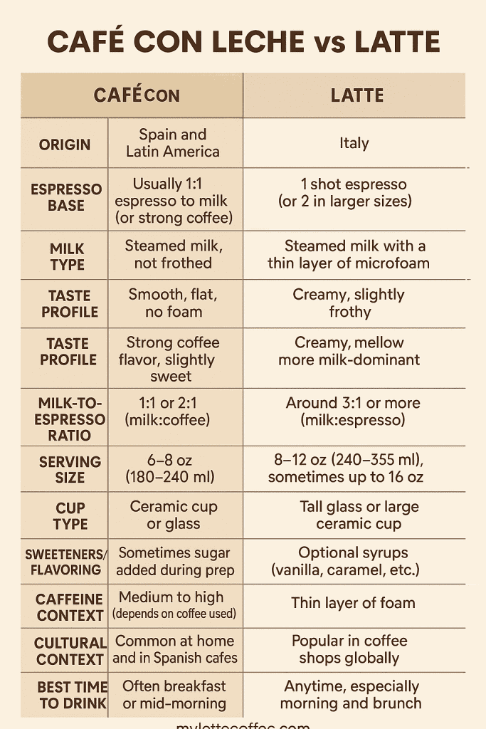 cafe con Leche vs latte: infographic