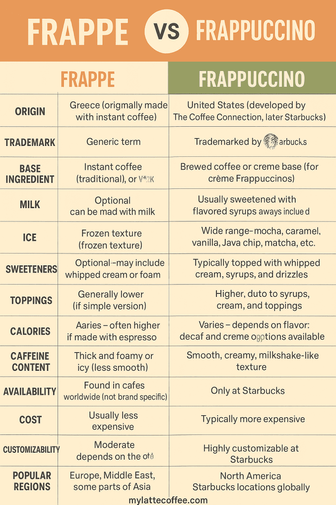 Frappe vs Frappuccino: an infographic table