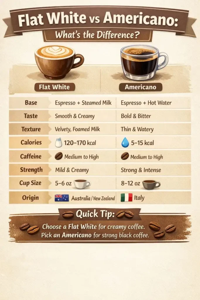 Flat white vs americano, infographic comparison in ingredients, taste, calories, and caffeine.