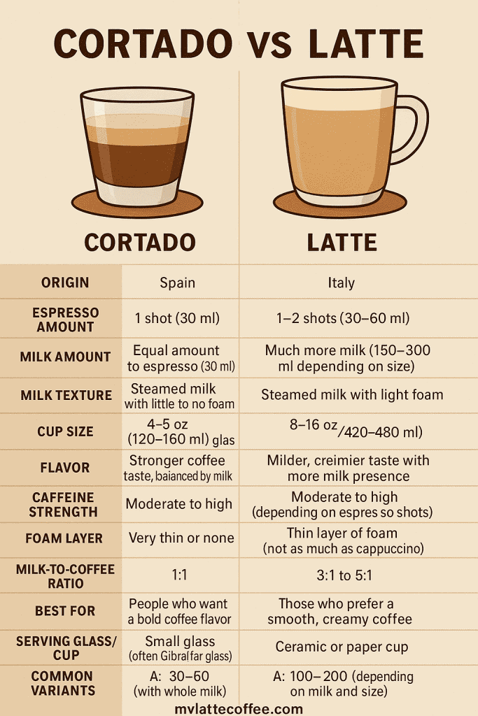 cortado vs latte: infograhic