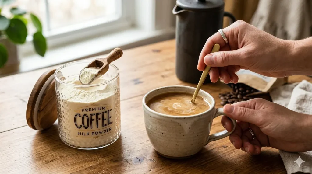 Pouring premium coffee milk powder into a mug