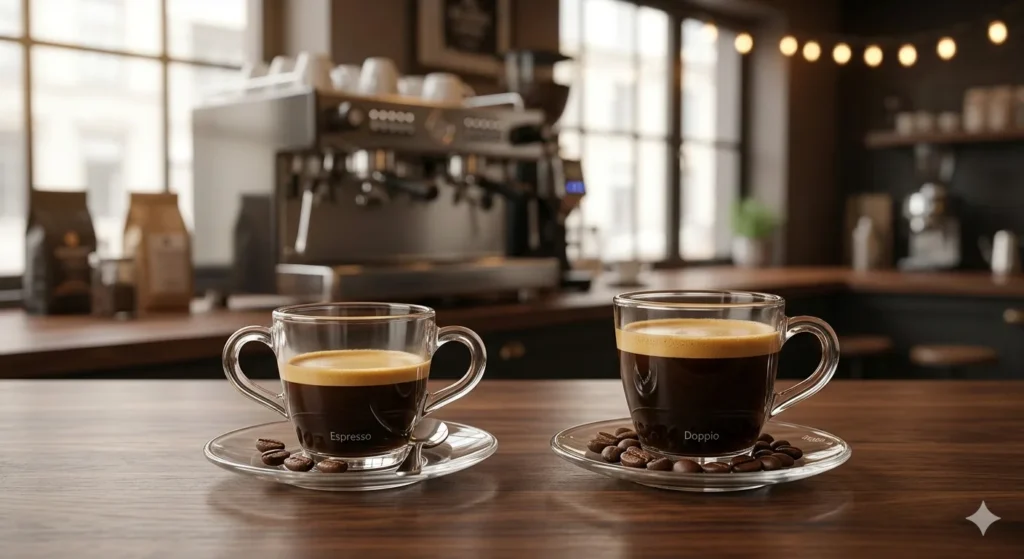 image contrasts a single Espresso shot (left) with a double Doppio shot (right), presented in clear glass cups on a rich wood counter within an elegant coffee shop setting.