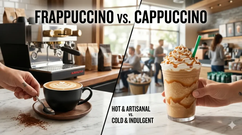 Comparing Cappuccino vs Frappuccino, on the left is a creamy small cup of cappuccino, and on the right a large glass of Frappuccino