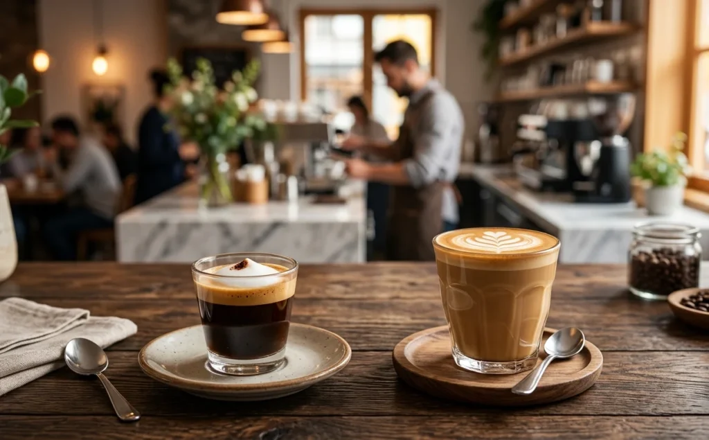 Two coffee drinks, on the left is a macchiato and on the right is a cortado with a coffee bar background.