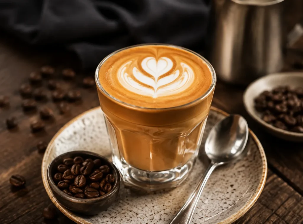 Melbourne magic coffee in a glass cup with silky latte art, served on a ceramic plate with coffee beans and a milk pitcher on a dark wooden café table.
