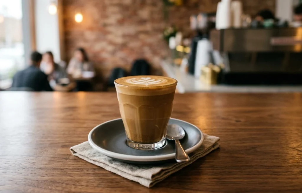 A glass of Piccolo latte made with a ristretto shot and steamed milk