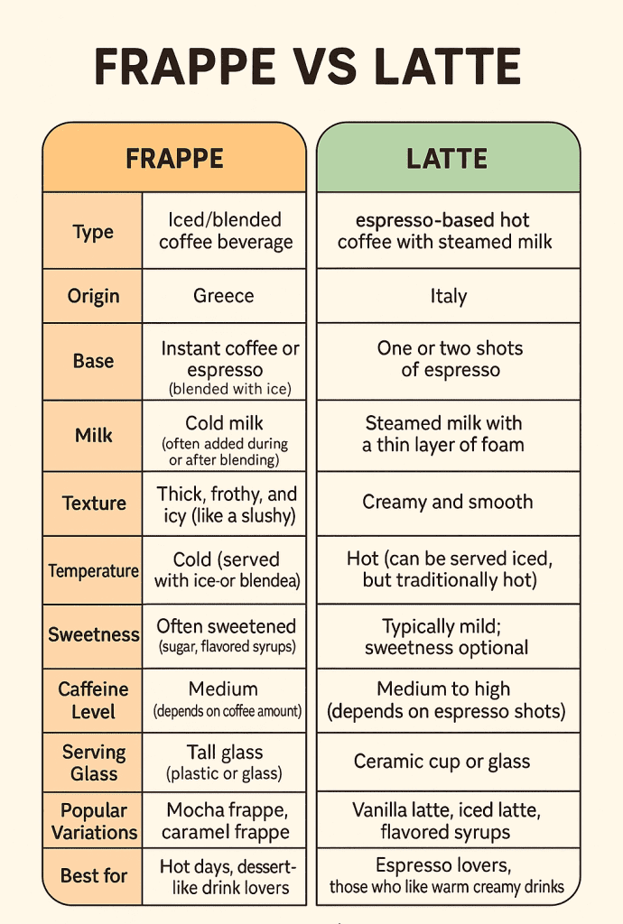 Frappe vs latte, infographic table