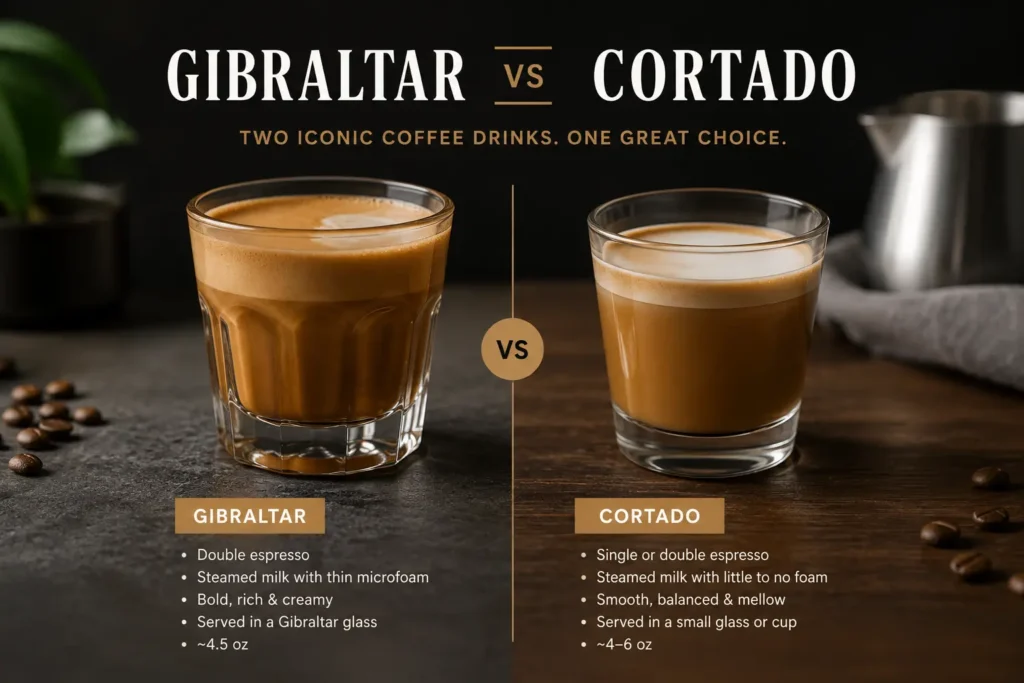 side-by-side comparison image of Gibraltar vs Cortado coffee drinks on a dark café-style background, featuring two espresso-based beverages in glass cups with creamy milk texture and elegant typography.