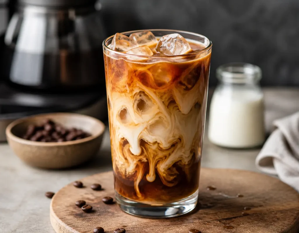 Creamy iced breve coffee is made with espresso, half & half, and iced cubes.