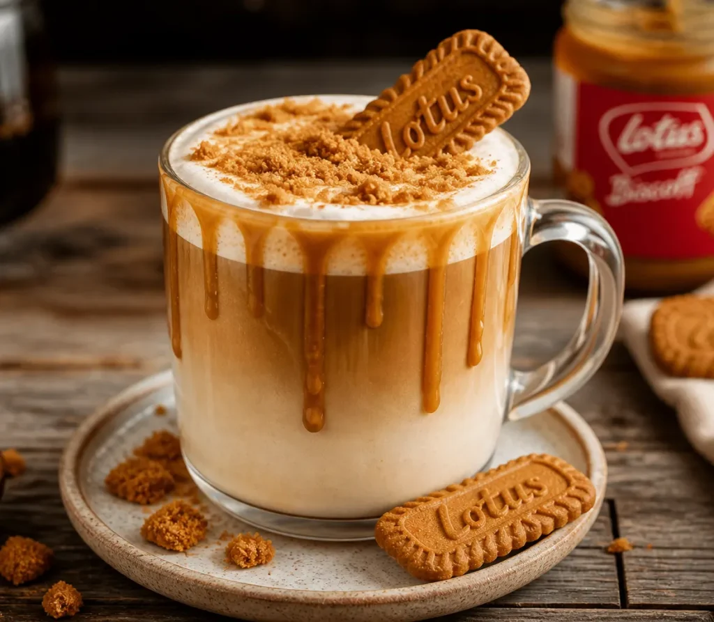 Creamy Biscoffee latte contains espresso, biscoff spread, and milk