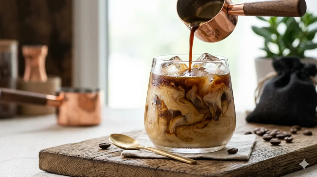 showing dark coffee pouring into a glass of iced coffee mixed with condensed milk. The graphic includes a can of condensed milk and text that reads: 'Sweetened Condensed Milk in Coffee: The Ultimate Recipe Guide.