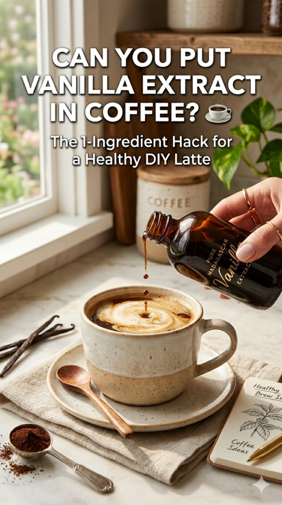 bright kitchen scene showing a person pouring pure Madagascar vanilla extract from a brown amber bottle into a ceramic mug of frothy coffee with cream.