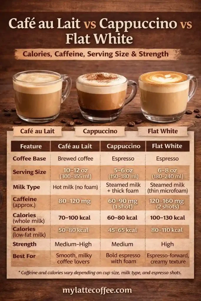 Cafe au lait vs Cappuccino vs flat white: infographic comparison
