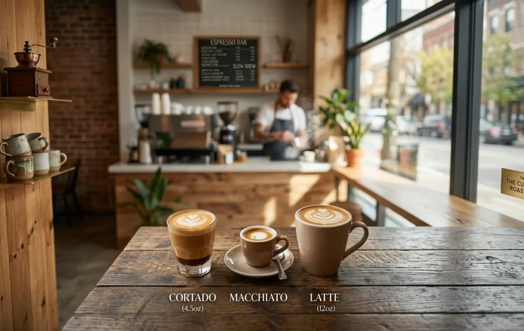 three drinks, Cortado, Macchiato, and latte