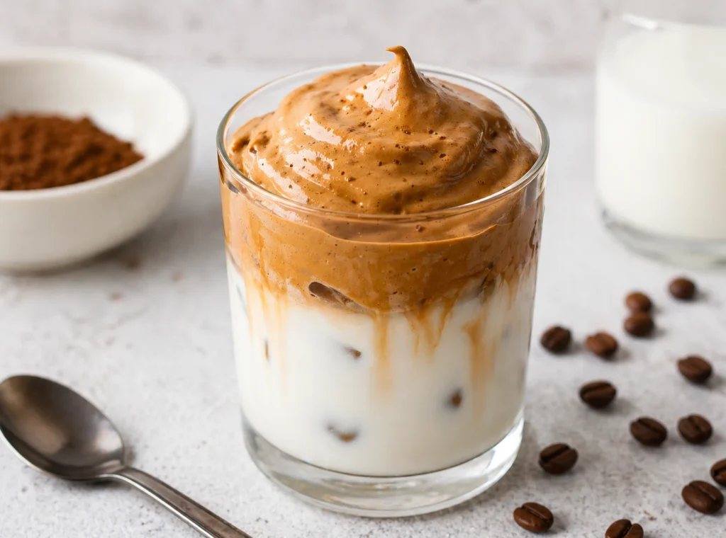 Creamy dalgona coffee recipe with whipped coffee foam over iced milk