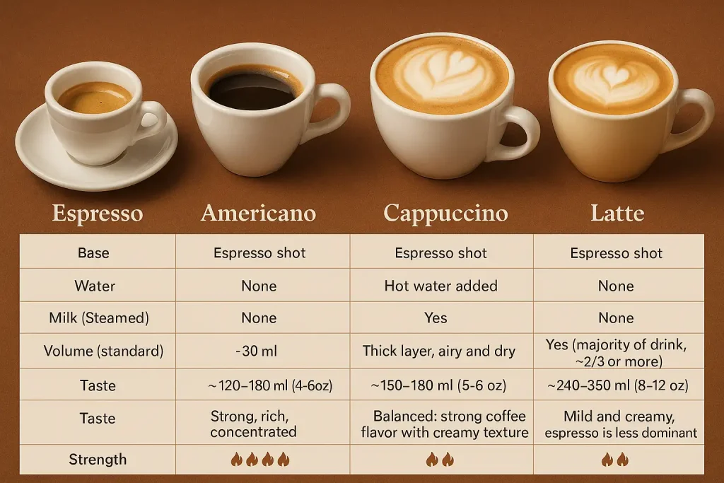 espresso vs americano vs cappuccino vs latte: infographic
