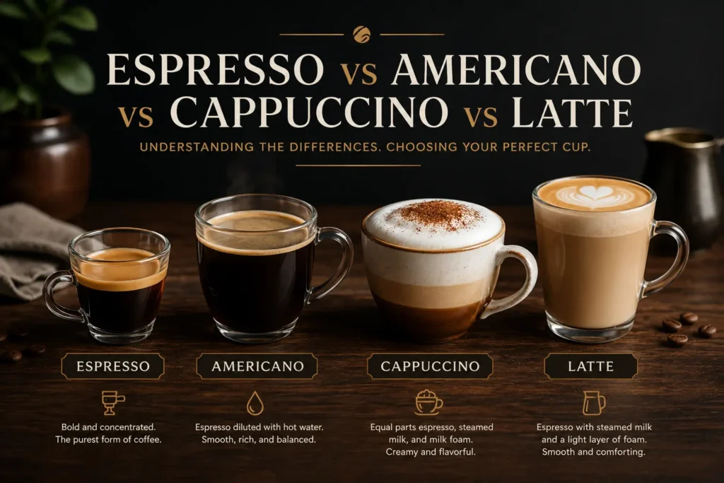 Four popular coffee drinks on a dark wooden table: espresso, Americano, cappuccino, and latte. Each drink is displayed in a different glass or cup with elegant typography highlighting the differences in milk, foam, and coffee strength.