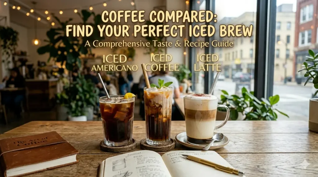Three cup iced americano, iced latte, and iced coffee with coffee shop background