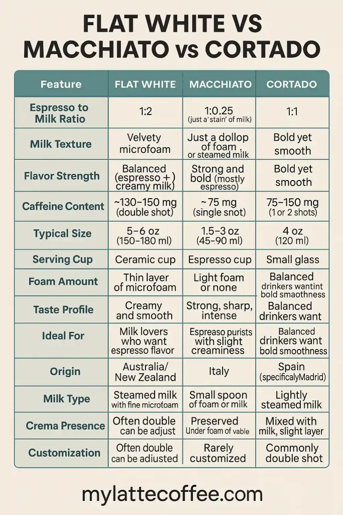 flat white vs macchiato vs cortado: infographic