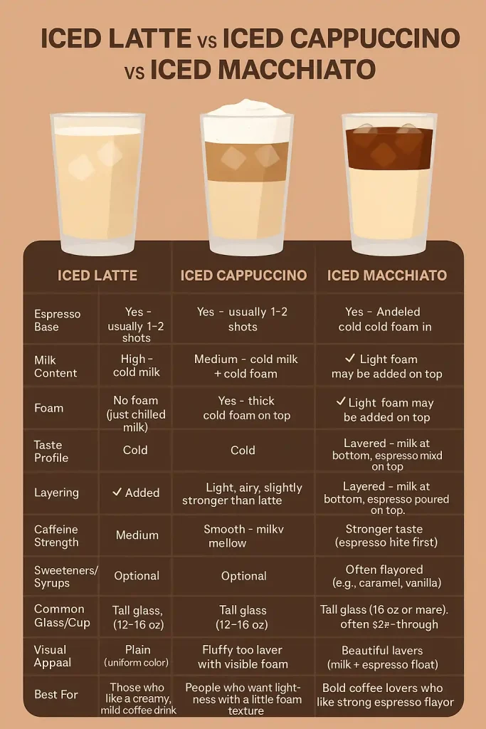 iced latte vs iced cappuccino vs iced macchiato: infographic