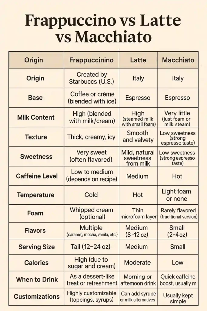 frappuccino vs latte vs macchiato: infographic