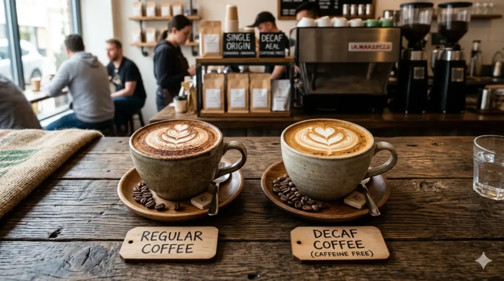 Two coffee cups, one is decaf coffee, the other is decaf coffee in a coffee shop.