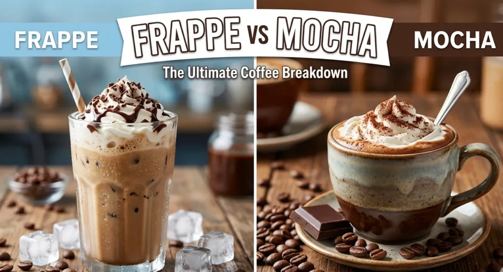 image for your blog post, designed to clearly show the difference between an iced Frappe and a hot Mocha in a side-by-side comparison.