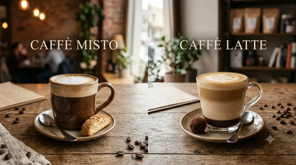 A glass of caffe Misto and a glass of latte.