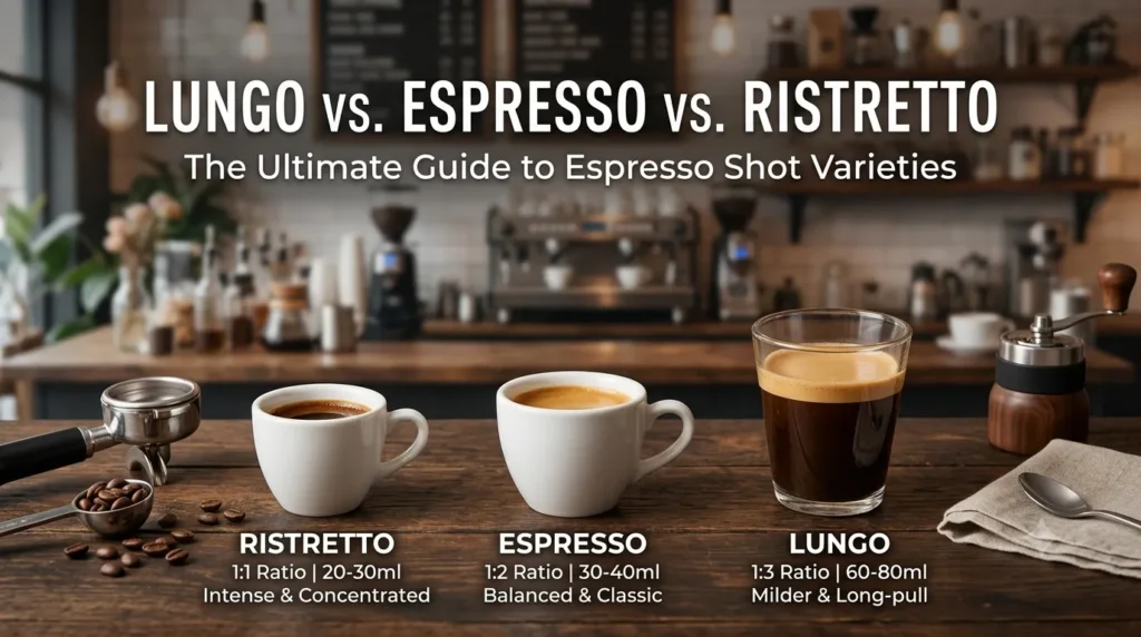 image showing three drinks: lungo, espresso, and ristretto. text showing the difference among three drinks.