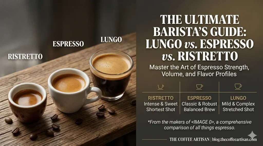three espresso drinks are displayed diagonally on a rustic dark wood surface with scattered coffee beans, each clearly labeled: a small brown ceramic cup with a short Ristretto shot, a classic white ceramic cup with a balanced Espresso shot, and a clear glass filled with a larger Lungo shot. On the right, a dark, elegant text section features a bold headline