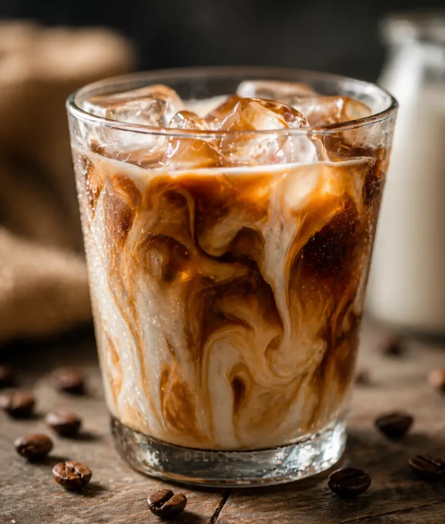 A glass of iced coffee with milk