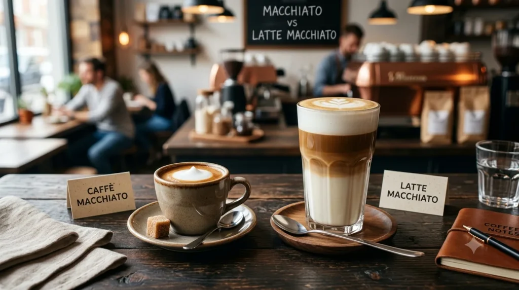 On the left sits a Caffè Macchiato, served in a small ceramic espresso cup on a saucer with a sugar cube and a spoon, showcasing a single shot of espresso topped with a delicate dollop of white milk foam. On the right stands a tall glass of Latte Macchiato on a wooden coaster, displaying distinct, beautiful layers of hot milk, espresso, and thick foam topped with elegant latte art. Small, elegant paper signs label each drink.